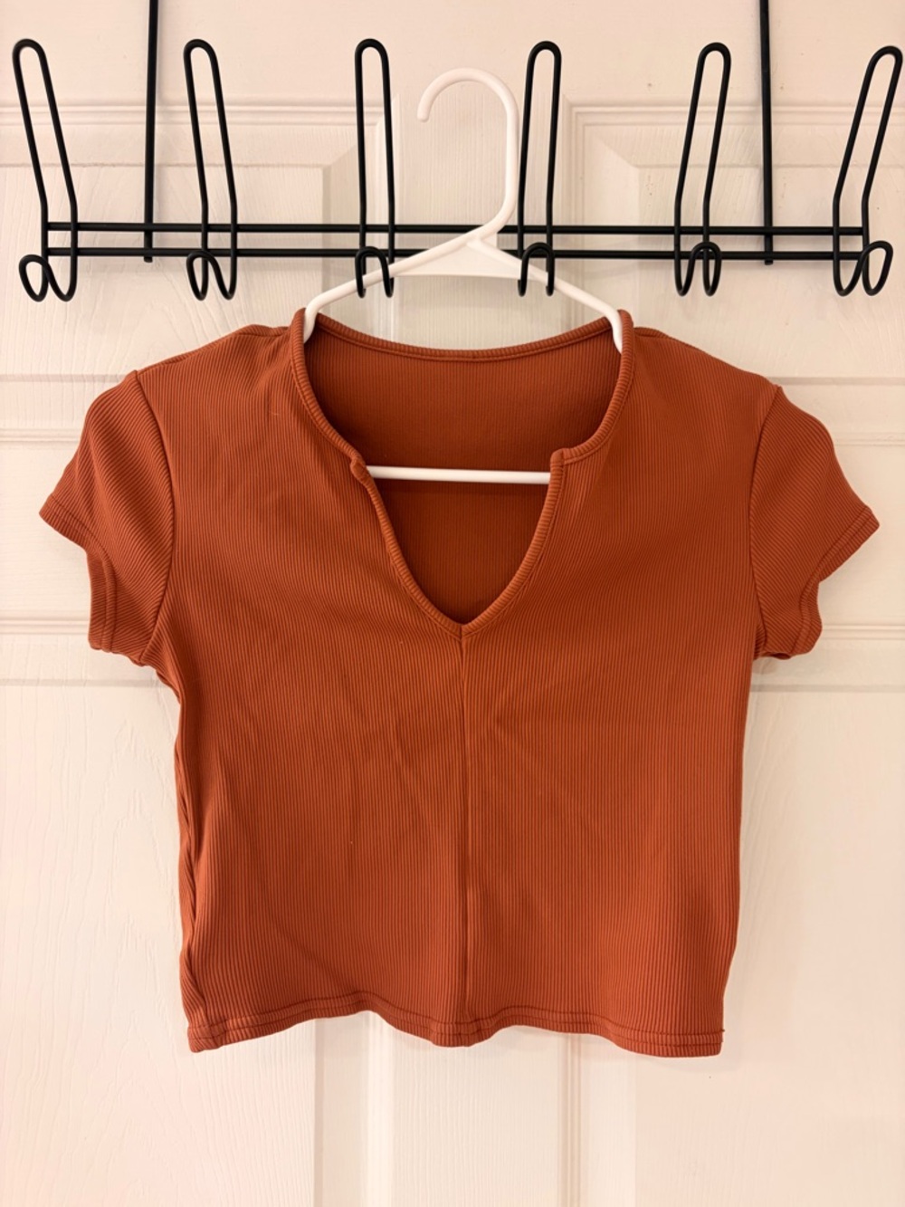 ALO Yoga Rust Savvy Cropped Ribbed V-Neck Tee